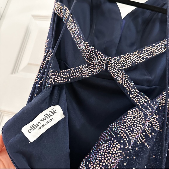 ELLIE WILDE EW34075 Long Jersey Mermaid Prom gown Blue Iridescent Crystals sz 6 - Picture 9 of 9